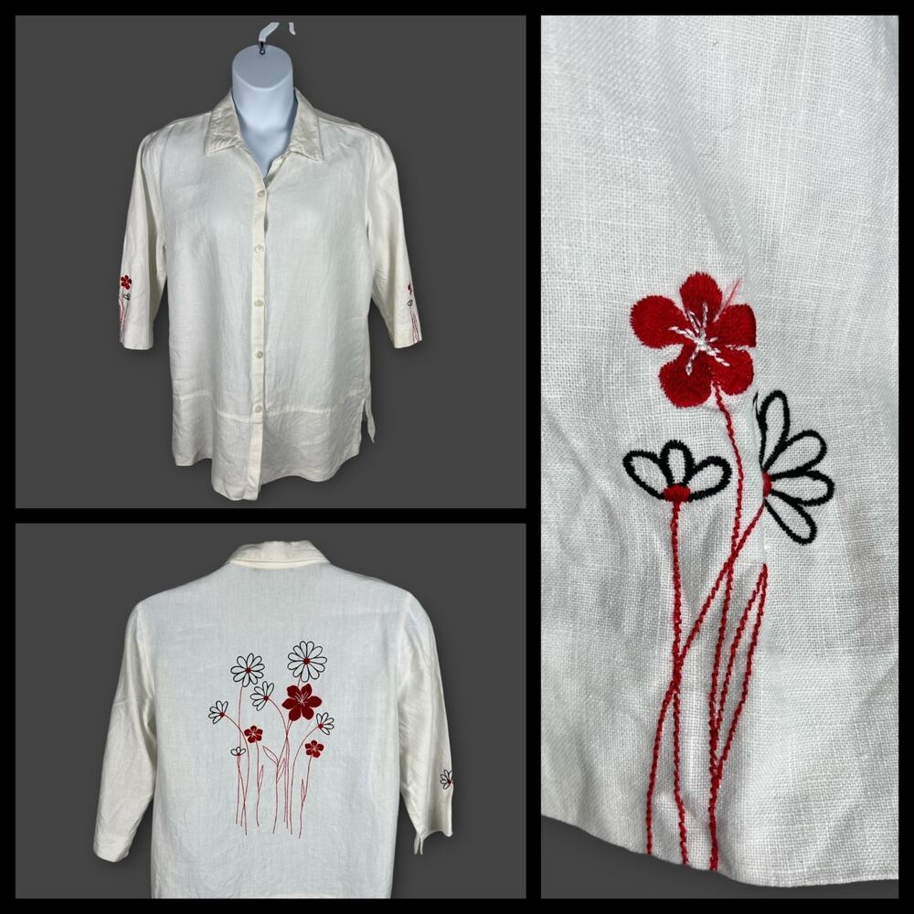 Norton McNaughton White Linen‎ Embroidered Tunic Button Front Women’s XL XXL